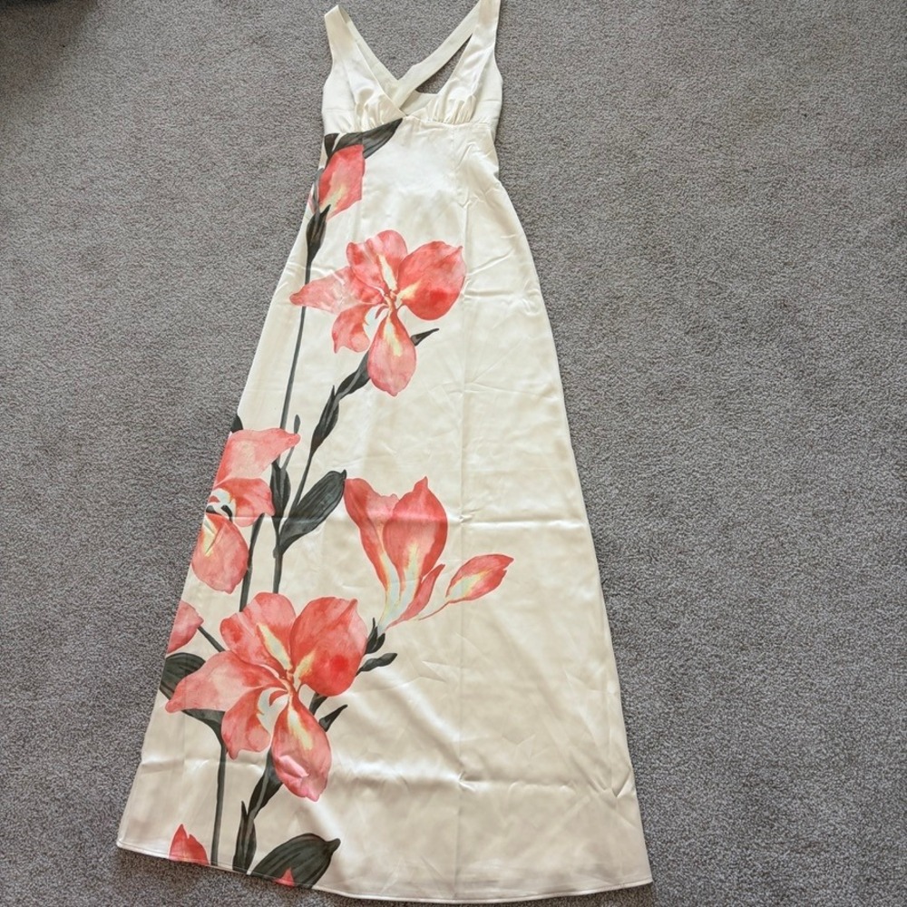 Peppermayo Fiorenza Maxi Dress Womens 4 Yellow Floral Satin Open Back Resort